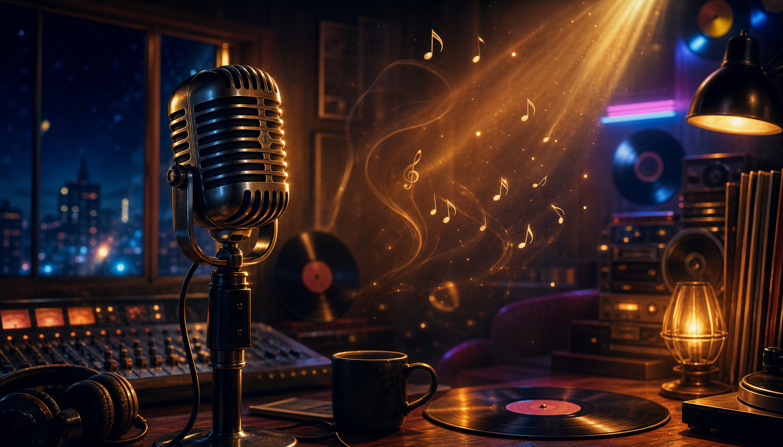Ilustración de una radio nocturna con micrófono vintage y luz cálida